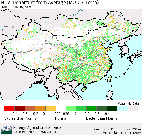 China, Mongolia and Taiwan NDVI Departure from Average (Terra-MODIS) Thematic Map For 11/11/2019 - 11/20/2019