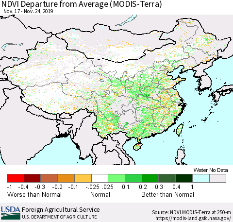 China, Mongolia and Taiwan NDVI Departure from Average (Terra-MODIS) Thematic Map For 11/21/2019 - 11/30/2019