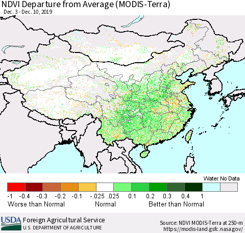 China, Mongolia and Taiwan NDVI Departure from Average (Terra-MODIS) Thematic Map For 12/1/2019 - 12/10/2019