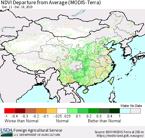 China, Mongolia and Taiwan NDVI Departure from Average (Terra-MODIS) Thematic Map For 12/11/2019 - 12/20/2019