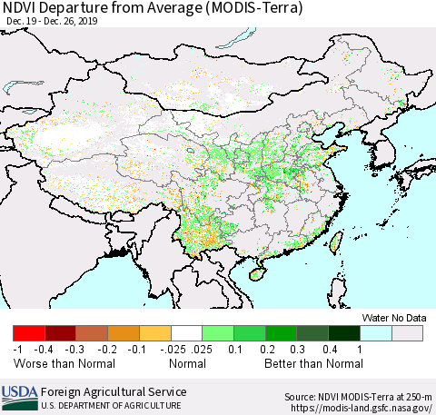 China, Mongolia and Taiwan NDVI Departure from Average (Terra-MODIS) Thematic Map For 12/21/2019 - 12/31/2019