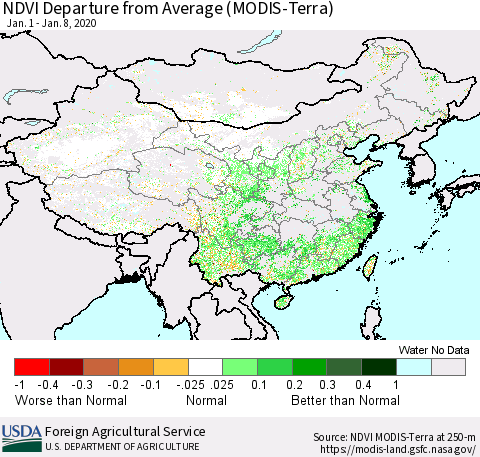 China, Mongolia and Taiwan NDVI Departure from Average (Terra-MODIS) Thematic Map For 1/1/2020 - 1/10/2020