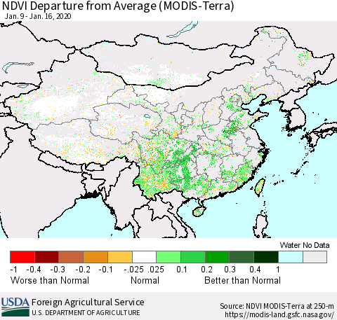 China, Mongolia and Taiwan NDVI Departure from Average (Terra-MODIS) Thematic Map For 1/11/2020 - 1/20/2020