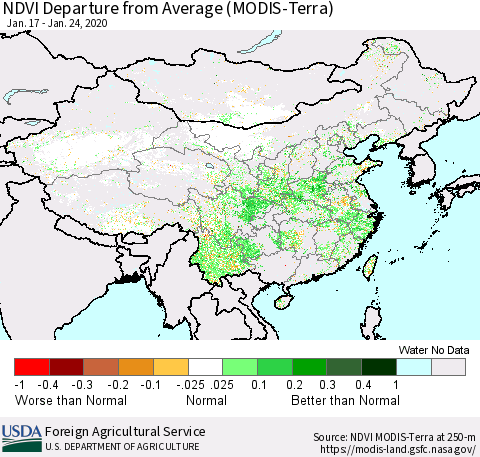 China, Mongolia and Taiwan NDVI Departure from Average (Terra-MODIS) Thematic Map For 1/21/2020 - 1/31/2020