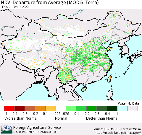 China, Mongolia and Taiwan NDVI Departure from Average (Terra-MODIS) Thematic Map For 2/1/2020 - 2/10/2020