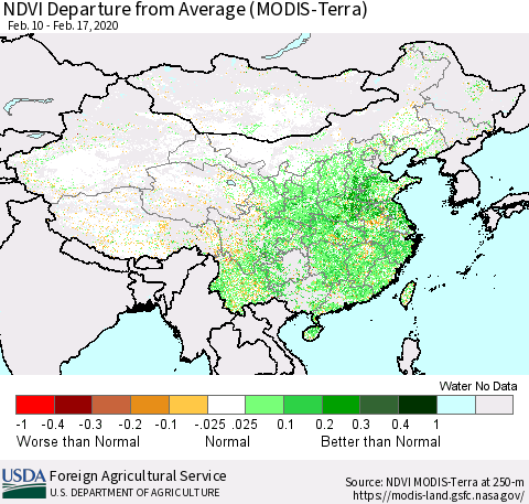 China, Mongolia and Taiwan NDVI Departure from Average (Terra-MODIS) Thematic Map For 2/11/2020 - 2/20/2020