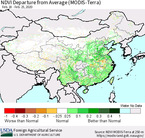 China, Mongolia and Taiwan NDVI Departure from Average (Terra-MODIS) Thematic Map For 2/21/2020 - 2/29/2020