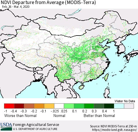 China and Taiwan NDVI Departure from Average (Terra-MODIS) Thematic Map For 3/1/2020 - 3/10/2020