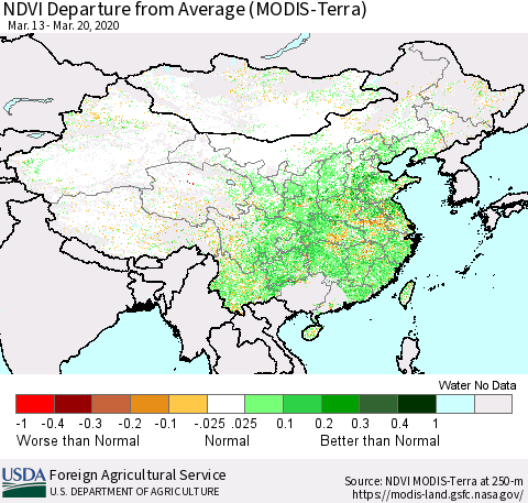 China and Taiwan NDVI Departure from Average (Terra-MODIS) Thematic Map For 3/11/2020 - 3/20/2020