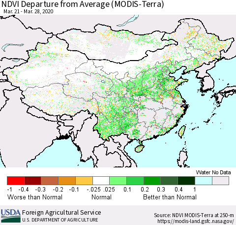 China and Taiwan NDVI Departure from Average (Terra-MODIS) Thematic Map For 3/21/2020 - 3/31/2020