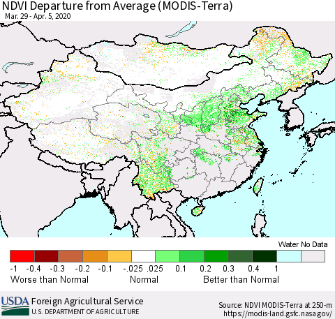 China, Mongolia and Taiwan NDVI Departure from Average (Terra-MODIS) Thematic Map For 4/1/2020 - 4/10/2020