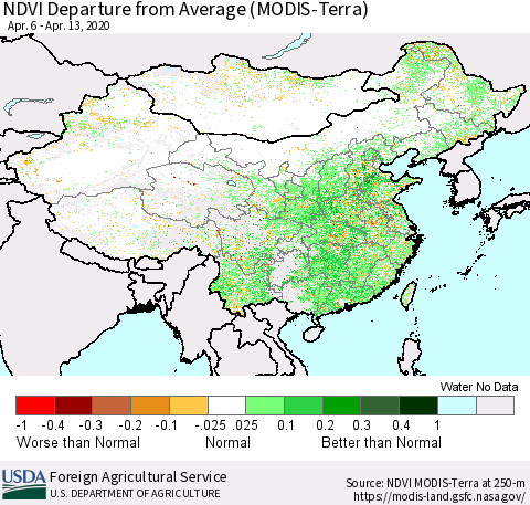 China and Taiwan NDVI Departure from Average (Terra-MODIS) Thematic Map For 4/11/2020 - 4/20/2020