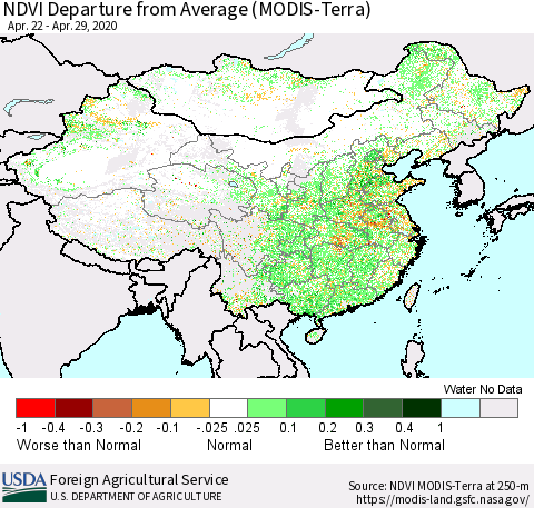 China and Taiwan NDVI Departure from Average (Terra-MODIS) Thematic Map For 4/21/2020 - 4/30/2020
