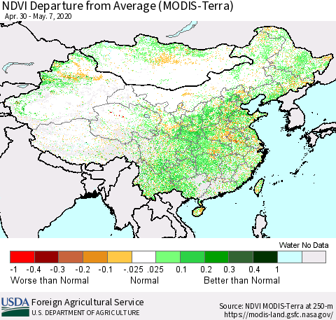 China, Mongolia and Taiwan NDVI Departure from Average (Terra-MODIS) Thematic Map For 5/1/2020 - 5/10/2020