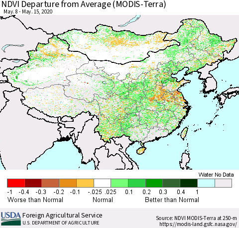 China and Taiwan NDVI Departure from Average (Terra-MODIS) Thematic Map For 5/11/2020 - 5/20/2020