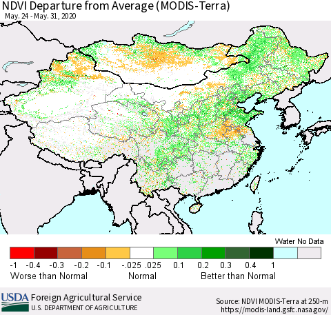 China, Mongolia and Taiwan NDVI Departure from Average (Terra-MODIS) Thematic Map For 5/21/2020 - 5/31/2020