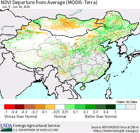 China and Taiwan NDVI Departure from Average (Terra-MODIS) Thematic Map For 6/11/2020 - 6/20/2020