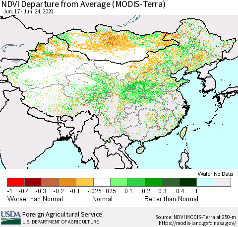 China, Mongolia and Taiwan NDVI Departure from Average (Terra-MODIS) Thematic Map For 6/21/2020 - 6/30/2020