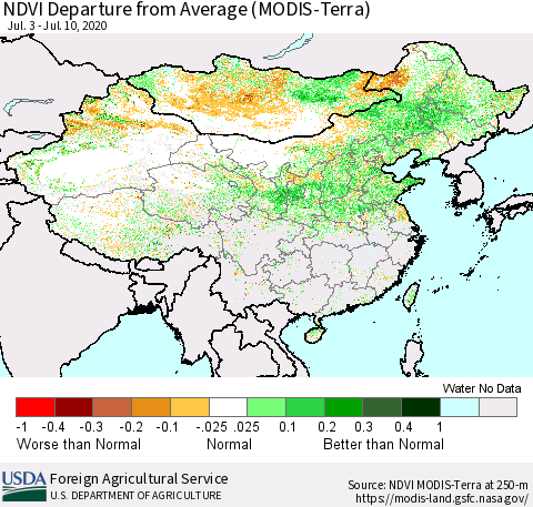China and Taiwan NDVI Departure from Average (Terra-MODIS) Thematic Map For 7/1/2020 - 7/10/2020