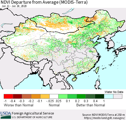 China and Taiwan NDVI Departure from Average (Terra-MODIS) Thematic Map For 7/11/2020 - 7/20/2020
