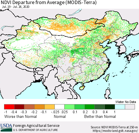 China and Taiwan NDVI Departure from Average (Terra-MODIS) Thematic Map For 7/21/2020 - 7/31/2020