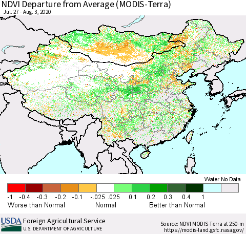 China and Taiwan NDVI Departure from Average (Terra-MODIS) Thematic Map For 8/1/2020 - 8/10/2020