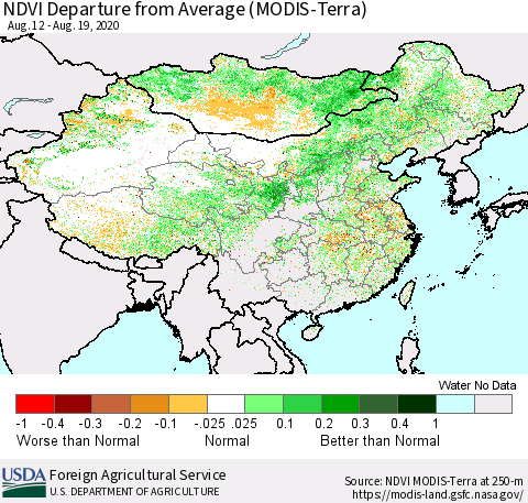 China and Taiwan NDVI Departure from Average (Terra-MODIS) Thematic Map For 8/11/2020 - 8/20/2020