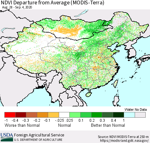 China and Taiwan NDVI Departure from Average (Terra-MODIS) Thematic Map For 9/1/2020 - 9/10/2020