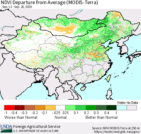 China and Taiwan NDVI Departure from Average (Terra-MODIS) Thematic Map For 9/11/2020 - 9/20/2020
