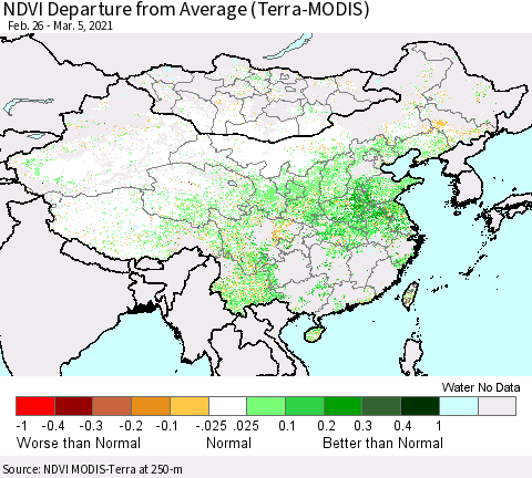 China, Mongolia and Taiwan NDVI Departure from Average (Terra-MODIS) Thematic Map For 2/26/2021 - 3/5/2021