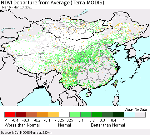 China, Mongolia and Taiwan NDVI Departure from Average (Terra-MODIS) Thematic Map For 3/6/2021 - 3/13/2021