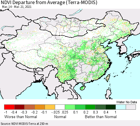 China, Mongolia and Taiwan NDVI Departure from Average (Terra-MODIS) Thematic Map For 3/14/2021 - 3/21/2021