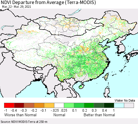 China, Mongolia and Taiwan NDVI Departure from Average (Terra-MODIS) Thematic Map For 3/22/2021 - 3/29/2021