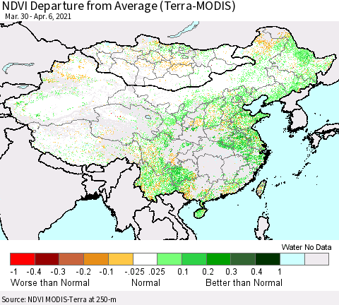 China, Mongolia and Taiwan NDVI Departure from Average (Terra-MODIS) Thematic Map For 3/30/2021 - 4/6/2021