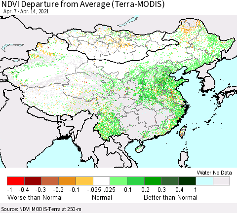 China, Mongolia and Taiwan NDVI Departure from Average (Terra-MODIS) Thematic Map For 4/7/2021 - 4/14/2021