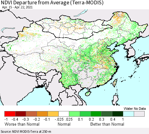 China, Mongolia and Taiwan NDVI Departure from Average (Terra-MODIS) Thematic Map For 4/15/2021 - 4/22/2021
