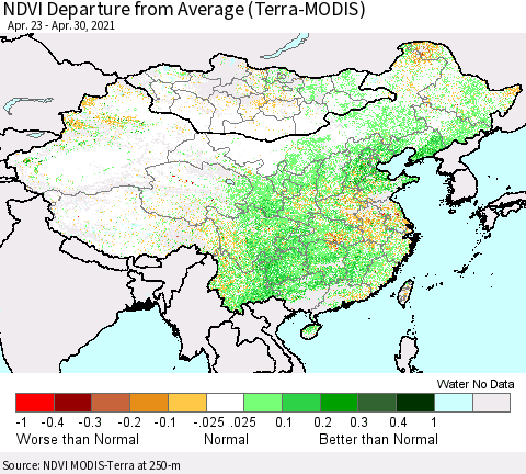 China, Mongolia and Taiwan NDVI Departure from Average (Terra-MODIS) Thematic Map For 4/23/2021 - 4/30/2021