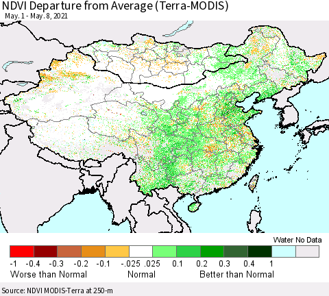 China, Mongolia and Taiwan NDVI Departure from Average (Terra-MODIS) Thematic Map For 5/1/2021 - 5/8/2021
