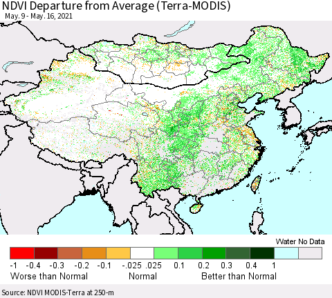 China, Mongolia and Taiwan NDVI Departure from Average (Terra-MODIS) Thematic Map For 5/9/2021 - 5/16/2021