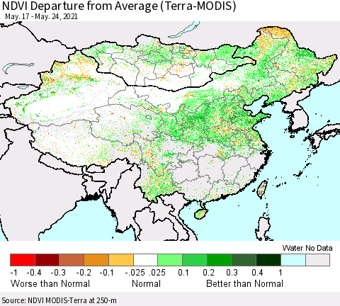 China, Mongolia and Taiwan NDVI Departure from Average (Terra-MODIS) Thematic Map For 5/17/2021 - 5/24/2021