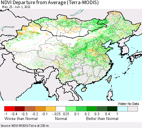 China, Mongolia and Taiwan NDVI Departure from Average (Terra-MODIS) Thematic Map For 5/25/2021 - 6/1/2021