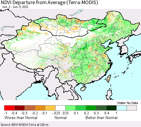 China, Mongolia and Taiwan NDVI Departure from Average (Terra-MODIS) Thematic Map For 6/2/2021 - 6/9/2021