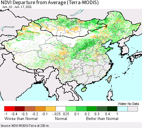 China, Mongolia and Taiwan NDVI Departure from Average (Terra-MODIS) Thematic Map For 6/10/2021 - 6/17/2021