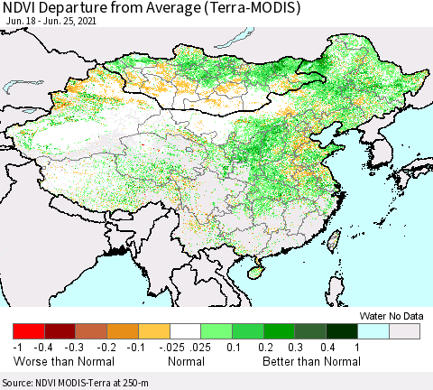 China, Mongolia and Taiwan NDVI Departure from Average (Terra-MODIS) Thematic Map For 6/18/2021 - 6/25/2021