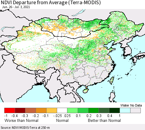 China, Mongolia and Taiwan NDVI Departure from Average (Terra-MODIS) Thematic Map For 6/26/2021 - 7/3/2021