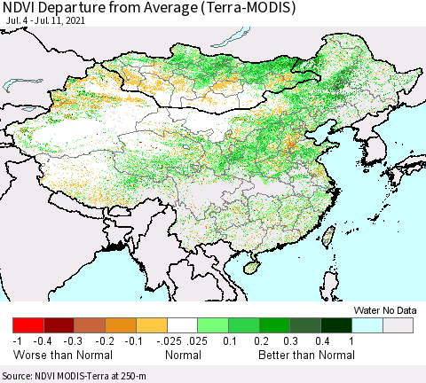 China, Mongolia and Taiwan NDVI Departure from Average (Terra-MODIS) Thematic Map For 7/4/2021 - 7/11/2021