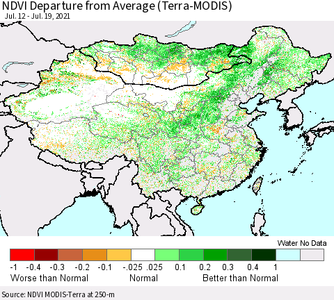 China, Mongolia and Taiwan NDVI Departure from Average (Terra-MODIS) Thematic Map For 7/12/2021 - 7/19/2021