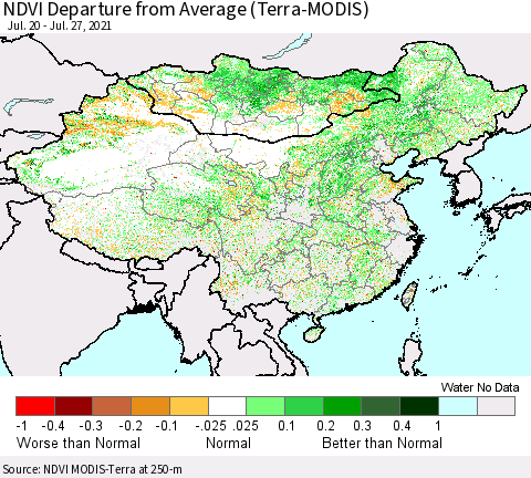 China, Mongolia and Taiwan NDVI Departure from Average (Terra-MODIS) Thematic Map For 7/20/2021 - 7/27/2021
