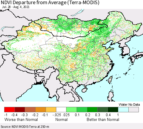 China, Mongolia and Taiwan NDVI Departure from Average (Terra-MODIS) Thematic Map For 7/28/2021 - 8/4/2021