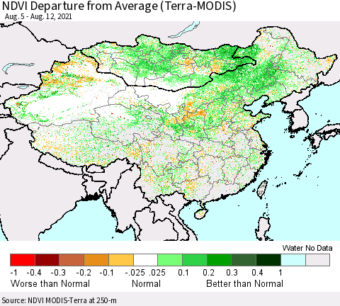 China, Mongolia and Taiwan NDVI Departure from Average (Terra-MODIS) Thematic Map For 8/5/2021 - 8/12/2021